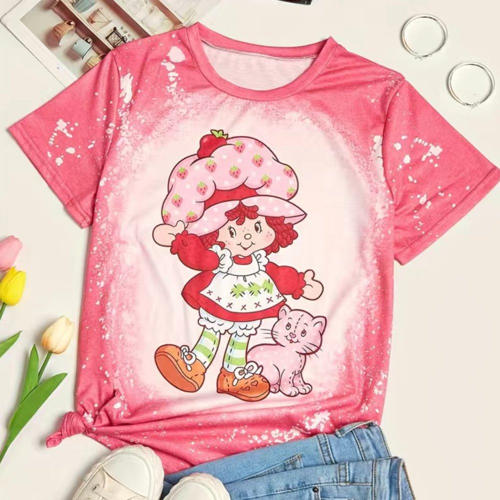 Pink Strawberry Shortcake Cartoon Character & Cat Print T-Shirt size Small